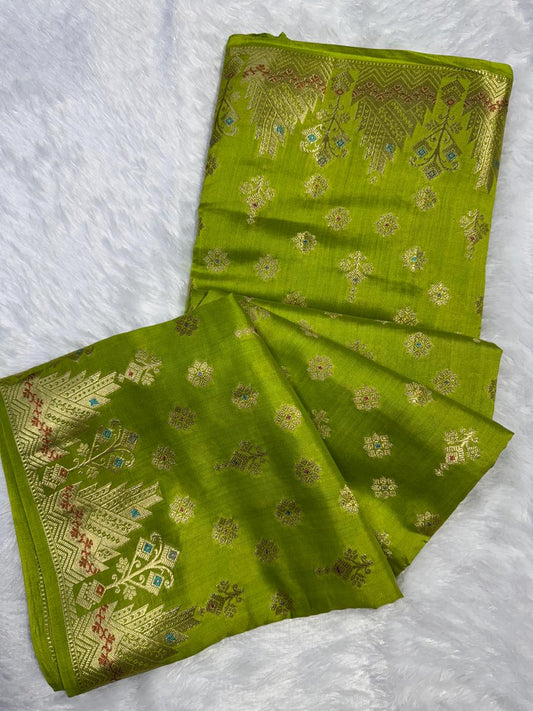 Radiant Parrot Green Meenakari Chiniya Silk Saree