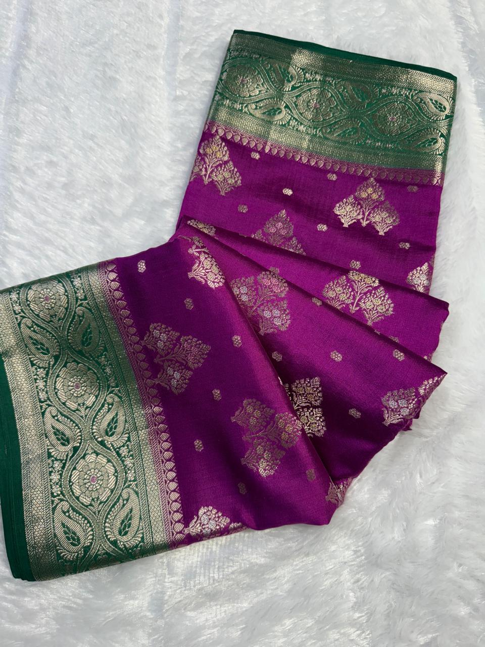 The Jewel-Toned Purple & Emerald Green Chiniya Silk Saree