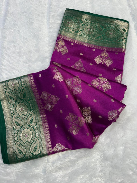 The Jewel-Toned Purple & Emerald Green Chiniya Silk Saree