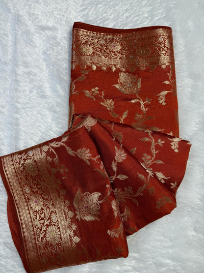 The Vintage Rust Floral Jaal Chiniya Silk Saree