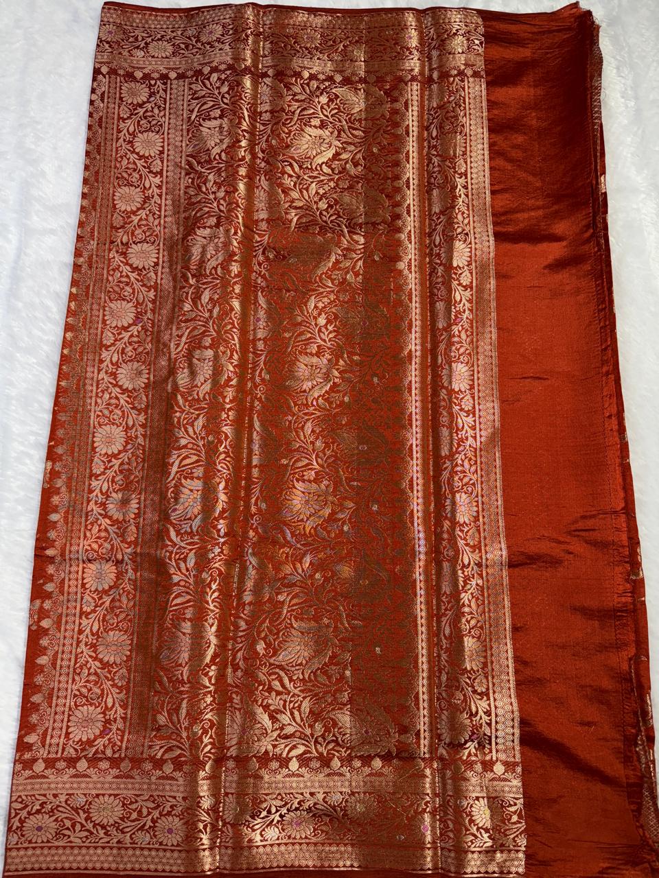 The Vintage Rust Floral Jaal Chiniya Silk Saree