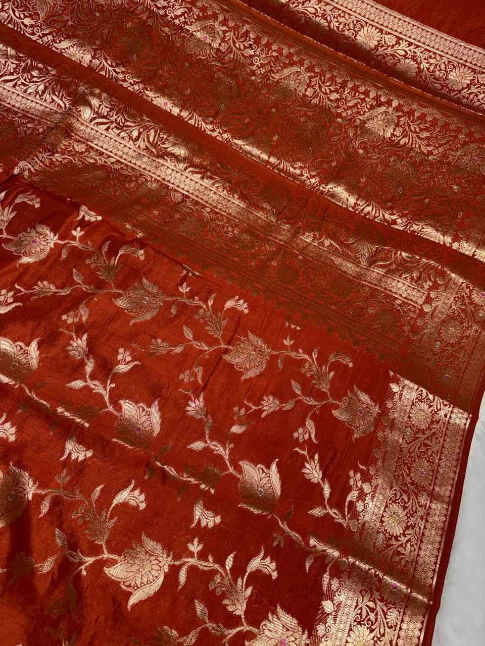 The Vintage Rust Floral Jaal Chiniya Silk Saree