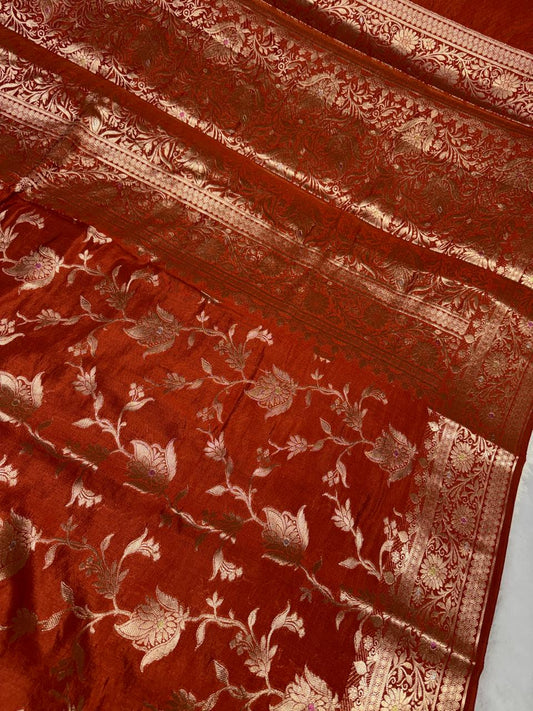 The Vintage Rust Floral Jaal Chiniya Silk Saree