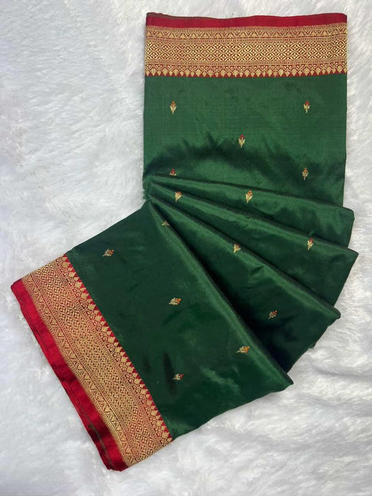 The Royal Emerald & Ruby Katan Kadhua Silk Saree