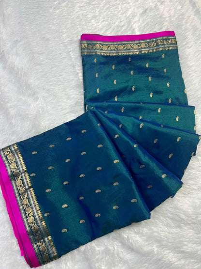 The Peacock Teal & Magenta Contrast Katan Saree