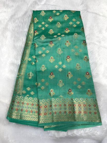 Emerald Green Handloom Chiniya Silk Banarasi Saree with Antique Zari Booti & Rich Border