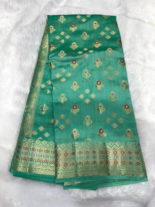 Emerald Green Handloom Chiniya Silk Banarasi Saree with Antique Zari Booti & Rich Border
