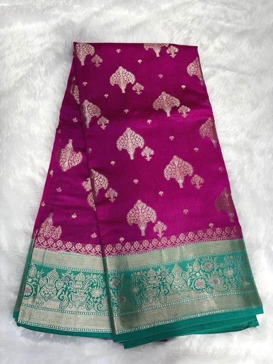Rani Pink Handloom Chiniya Silk Banarasi Saree with Meenakari Zari Border