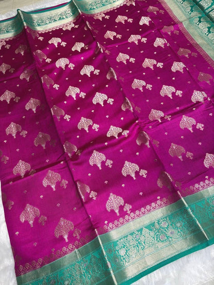Rani Pink Handloom Chiniya Silk Banarasi Saree with Meenakari Zari Border
