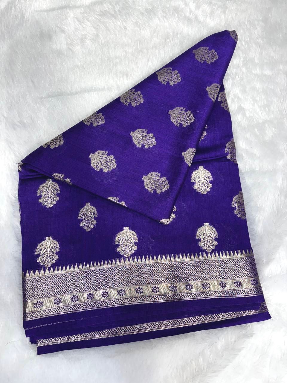 Royal Violet Handloom Chiniya Silk Banarasi Saree with Silver Zari Booti & Grand Pallu