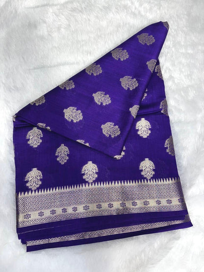 Royal Violet Handloom Chiniya Silk Banarasi Saree with Silver Zari Booti & Grand Pallu