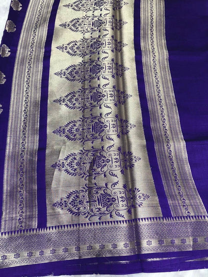 Royal Violet Handloom Chiniya Silk Banarasi Saree with Silver Zari Booti & Grand Pallu