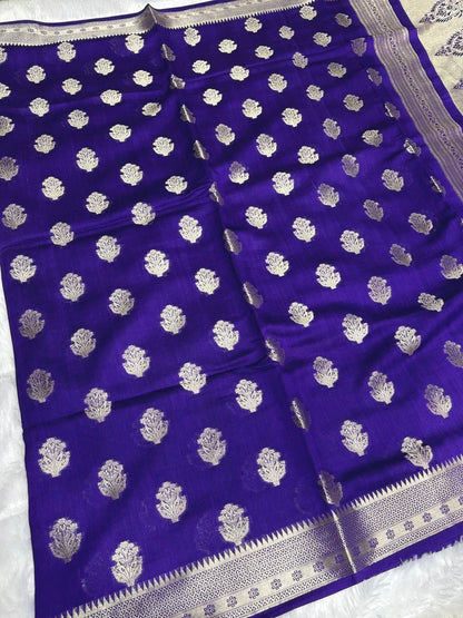 Royal Violet Handloom Chiniya Silk Banarasi Saree with Silver Zari Booti & Grand Pallu