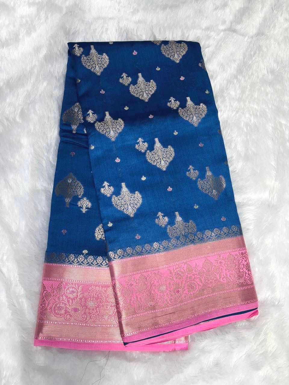 Royal Blue with Rose Pink Contrast Border & Antique Gold Zari