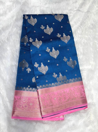 Royal Blue with Rose Pink Contrast Border & Antique Gold Zari