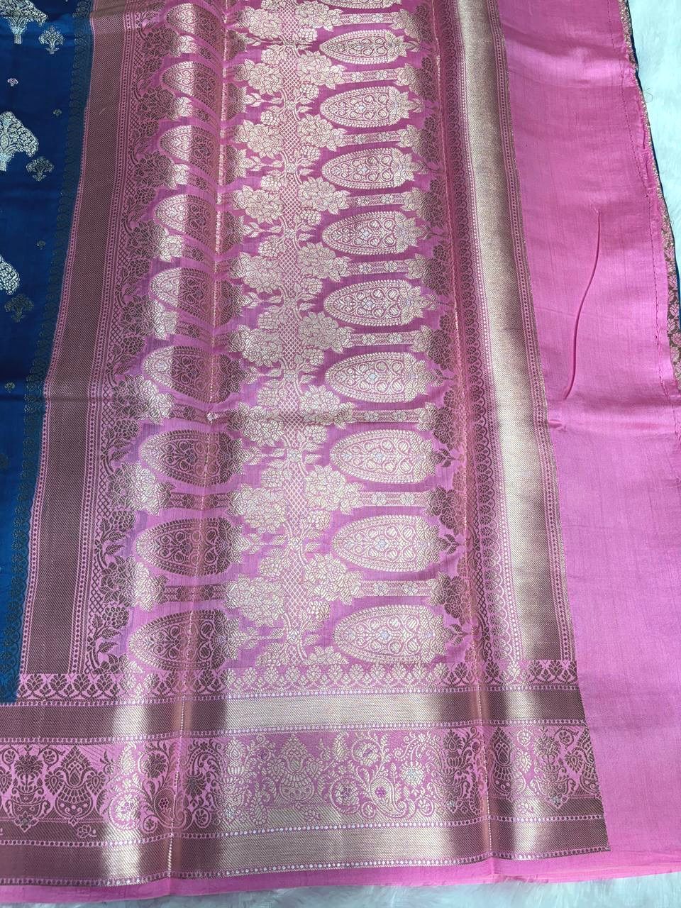 Royal Blue with Rose Pink Contrast Border & Antique Gold Zari