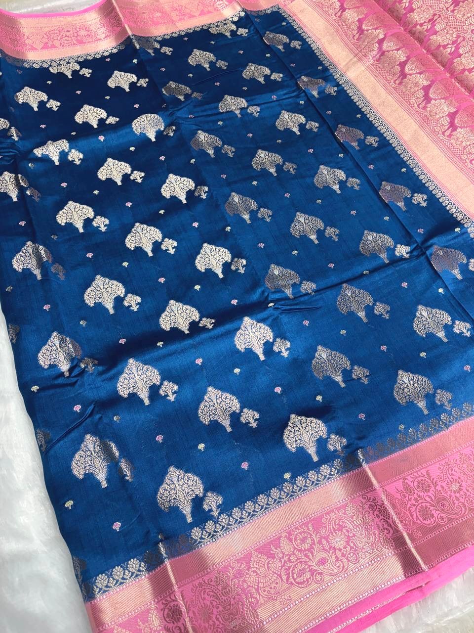 Royal Blue with Rose Pink Contrast Border & Antique Gold Zari