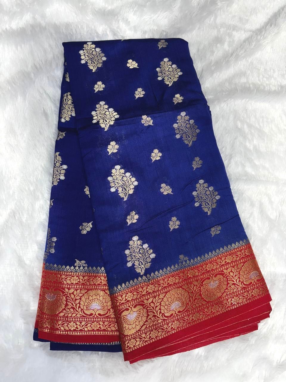 Royal Blue with Classic Red Border & Antique Gold Zari