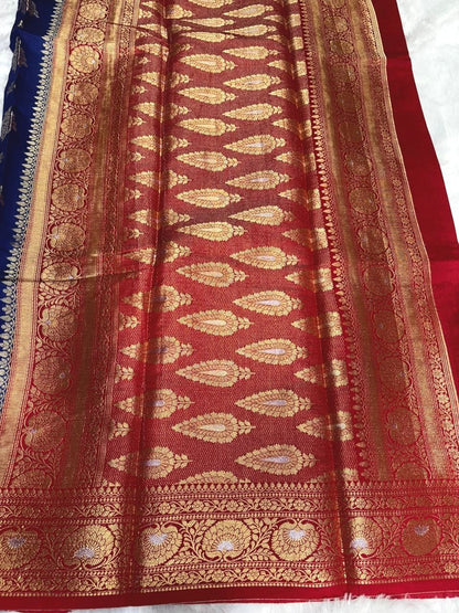 Royal Blue with Classic Red Border & Antique Gold Zari
