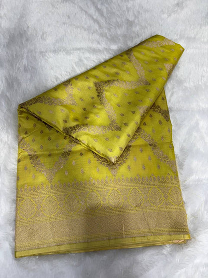 Vibrant Lemon Yellow Pure Katan Silk Uppada Banarasi Saree with Zari Zig-Zag Jaal