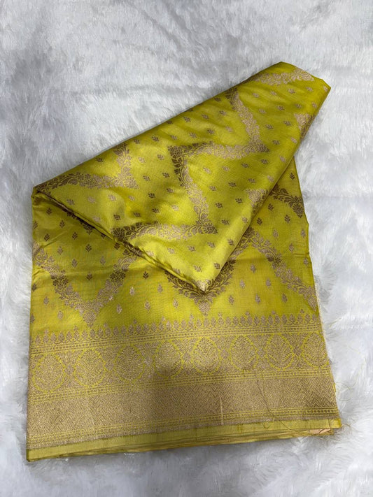 Vibrant Lemon Yellow Pure Katan Silk Uppada Banarasi Saree with Zari Zig-Zag Jaal