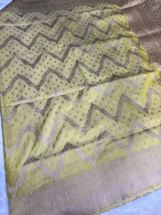 Vibrant Lemon Yellow Pure Katan Silk Uppada Banarasi Saree with Zari Zig-Zag Jaal