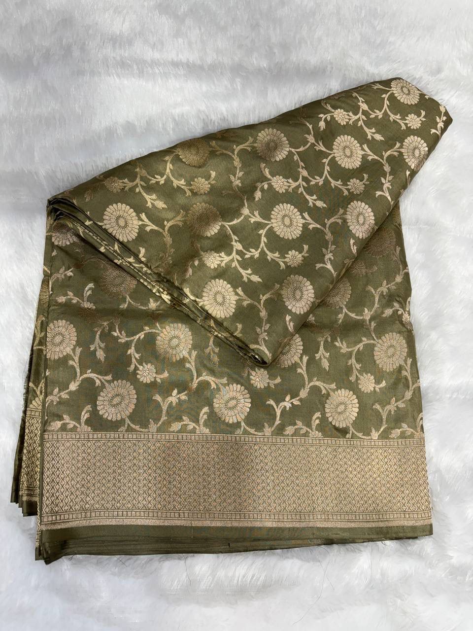 Handwoven Olive Green Katan Silk Banarasi Saree with Antique Zari Floral Jaal