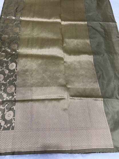 Handwoven Olive Green Katan Silk Banarasi Saree with Antique Zari Floral Jaal