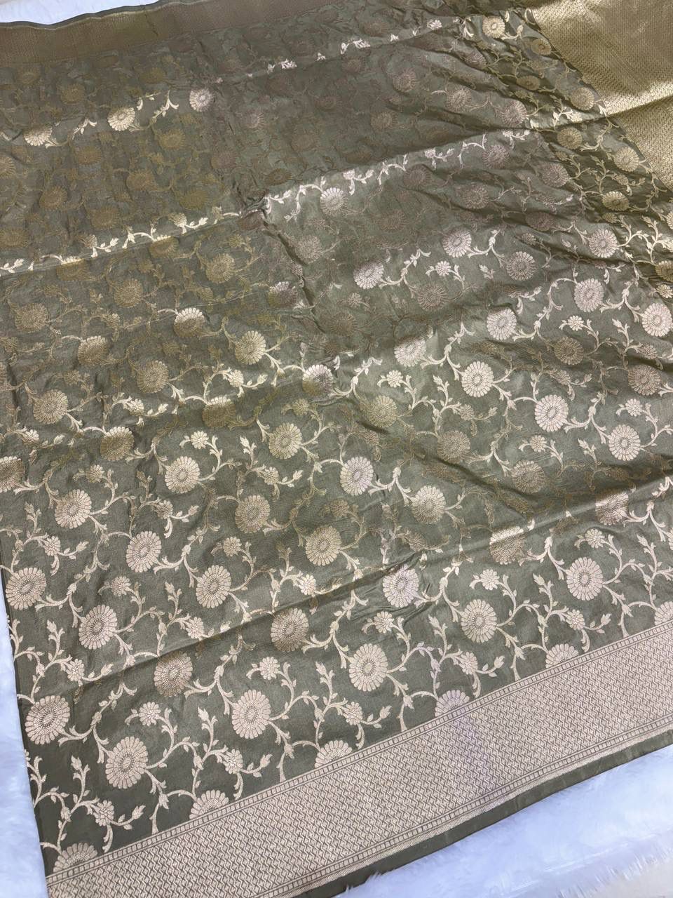 Handwoven Olive Green Katan Silk Banarasi Saree with Antique Zari Floral Jaal