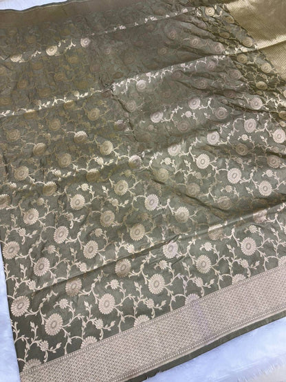 Handwoven Olive Green Katan Silk Banarasi Saree with Antique Zari Floral Jaal