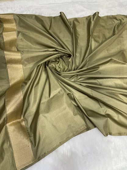 Handwoven Olive Green Katan Silk Banarasi Saree with Antique Zari Floral Jaal