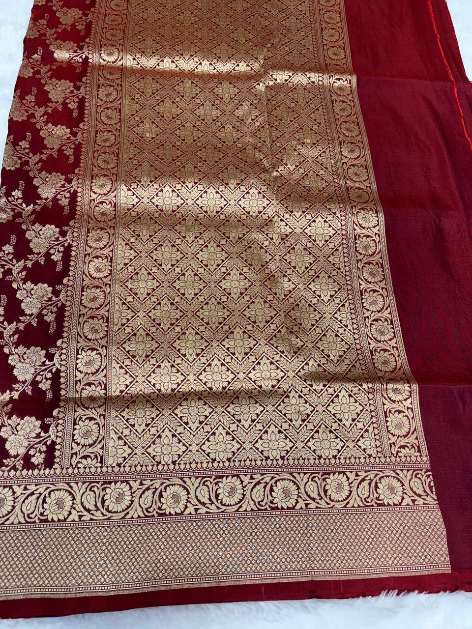 Pure Katan Silk Banarasi Saree in Deep Maroon with Full Jungla Floral Work