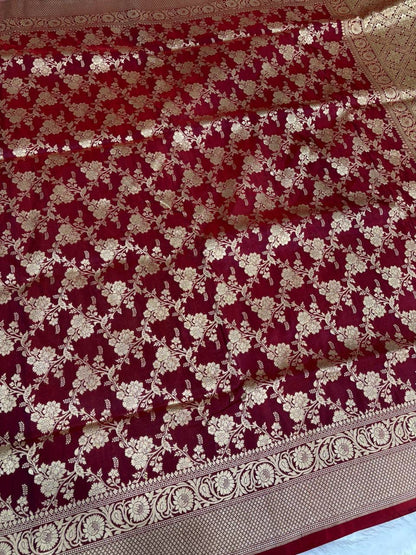 Pure Katan Silk Banarasi Saree in Deep Maroon with Full Jungla Floral Work