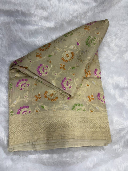 Antique Gold Munga Silk Banarasi Saree with Multicolor Meenakari Floral Jaal
