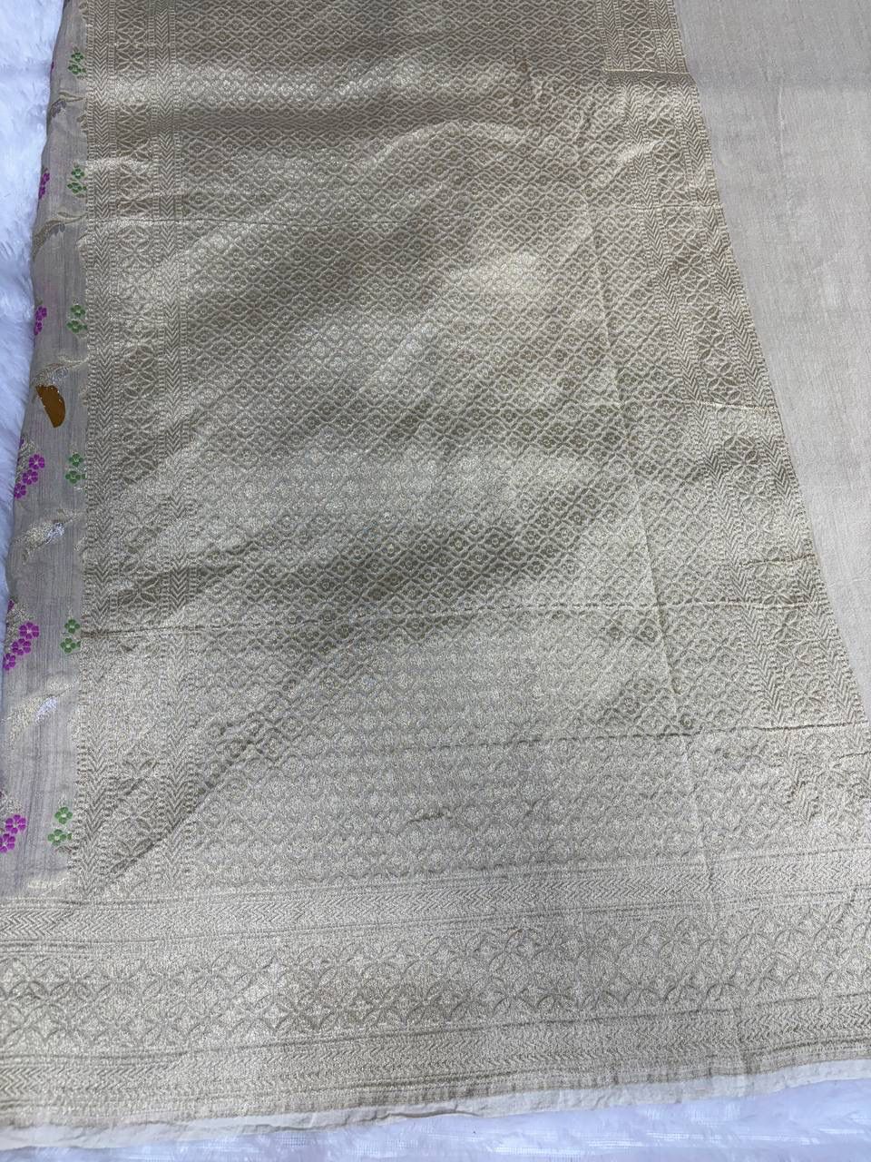 Antique Gold Munga Silk Banarasi Saree with Multicolor Meenakari Floral Jaal