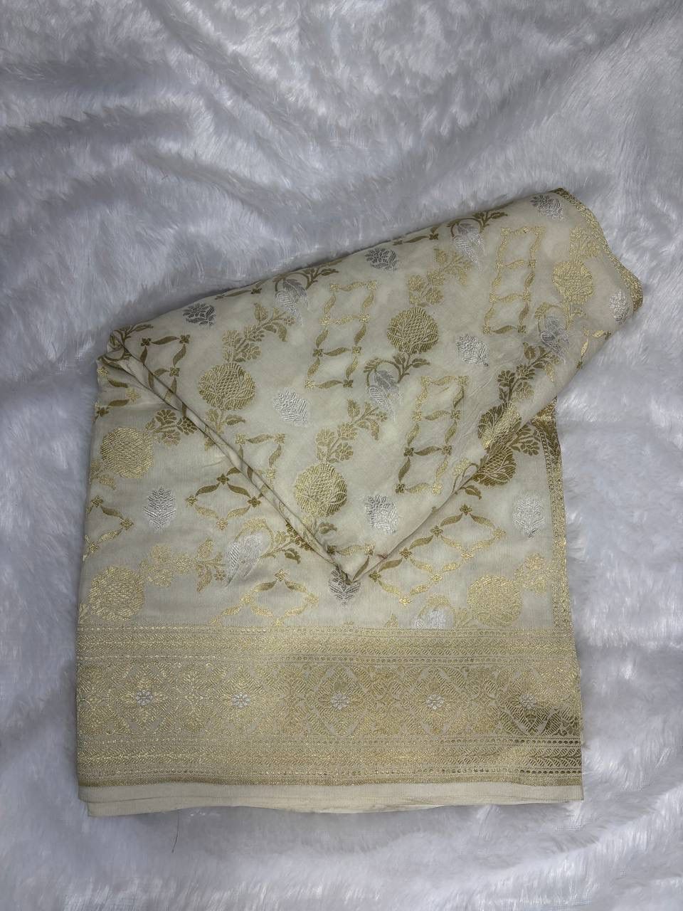 Off-White Katan Silk MungaSaree with Sona-Rupa Meenakari Jaal