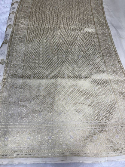 Off-White Katan Silk MungaSaree with Sona-Rupa Meenakari Jaal