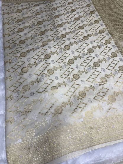 Off-White Katan Silk MungaSaree with Sona-Rupa Meenakari Jaal