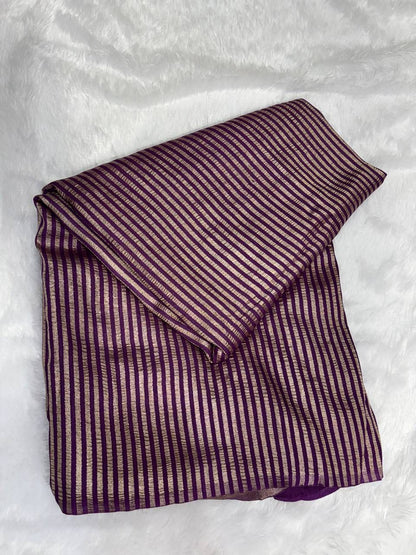 Imperial Wine Striped Munga Silk Saree with Antique Zari Leheriya Pallu