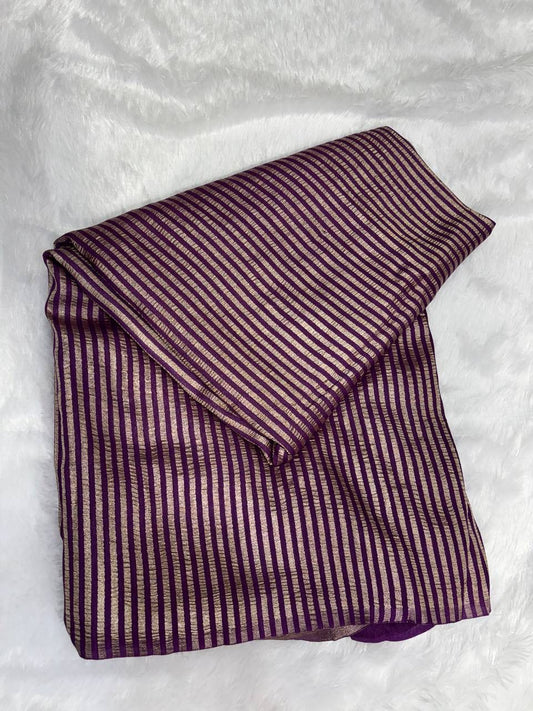 Imperial Wine Striped Munga Silk Saree with Antique Zari Leheriya Pallu