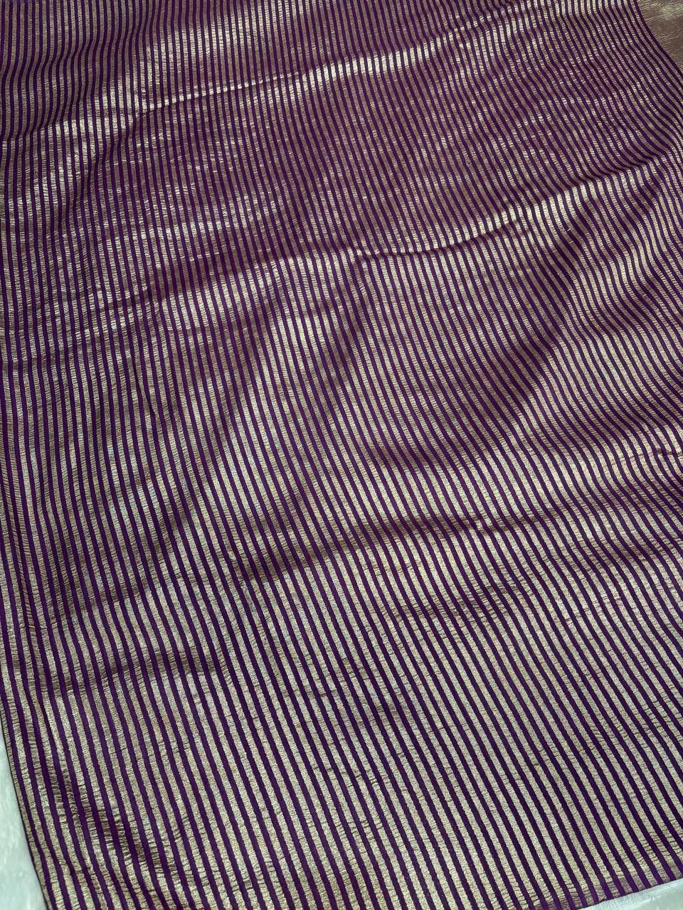 Imperial Wine Striped Munga Silk Saree with Antique Zari Leheriya Pallu