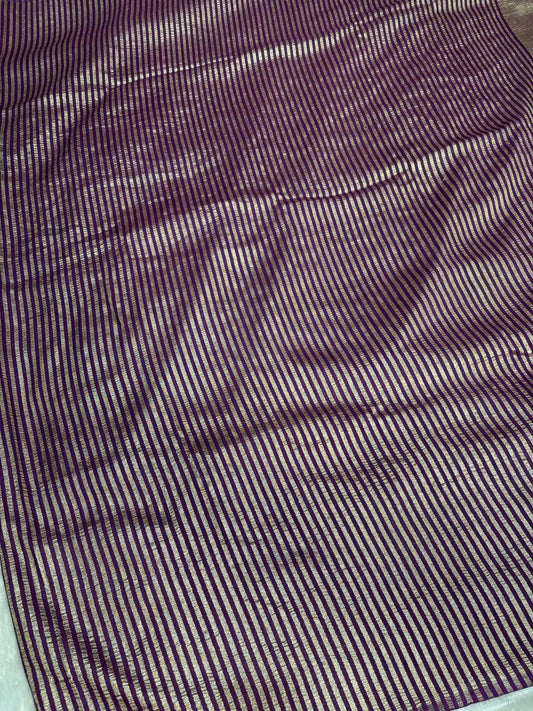 Imperial Wine Striped Munga Silk Saree with Antique Zari Leheriya Pallu
