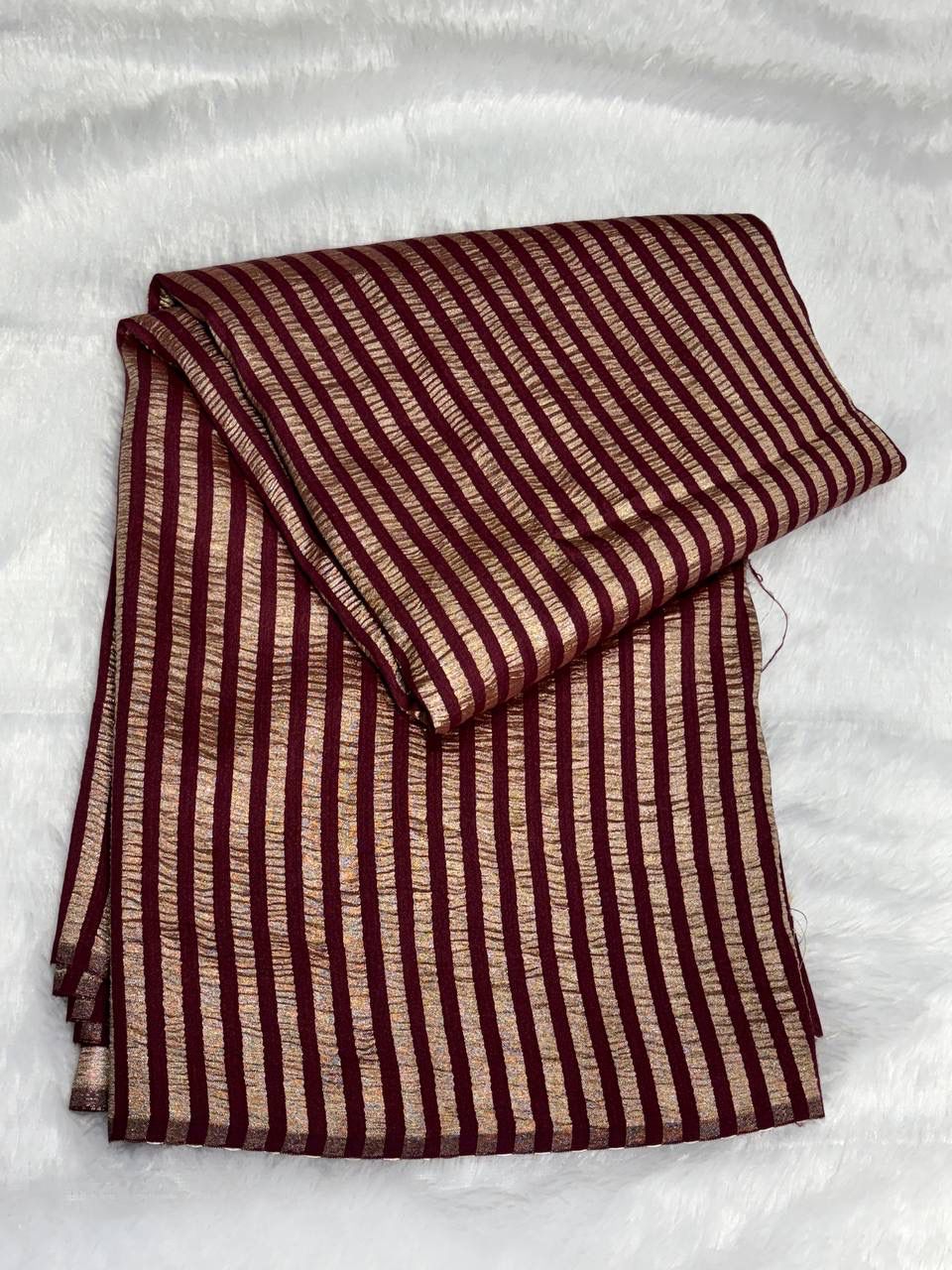 Maroon Munga Silk Saree with Copper Zari Stripes & Textured Metallic Pallu