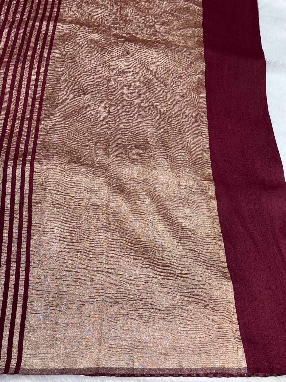 Maroon Munga Silk Saree with Copper Zari Stripes & Textured Metallic Pallu
