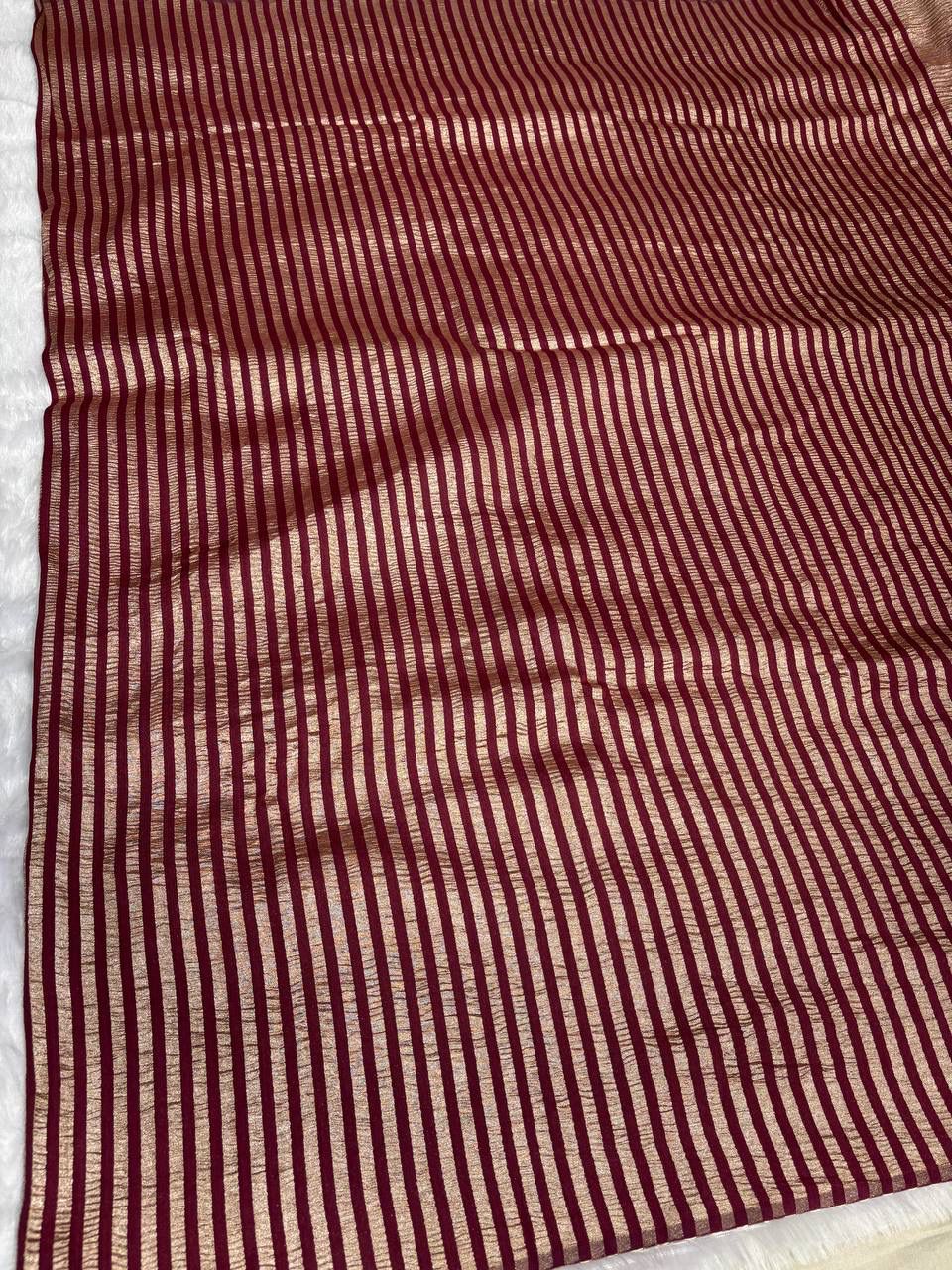 Maroon Munga Silk Saree with Copper Zari Stripes & Textured Metallic Pallu