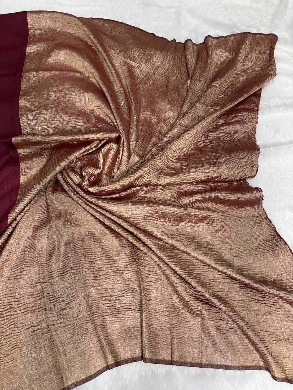 Maroon Munga Silk Saree with Copper Zari Stripes & Textured Metallic Pallu
