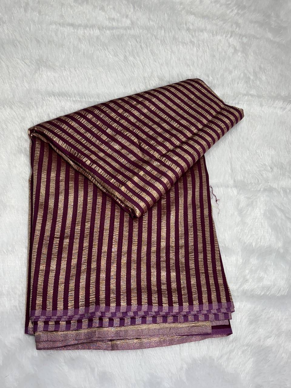 Regal Plum Munga Silk Saree with Rose-Gold Zari Stripes & Crushed Metallic Pallu