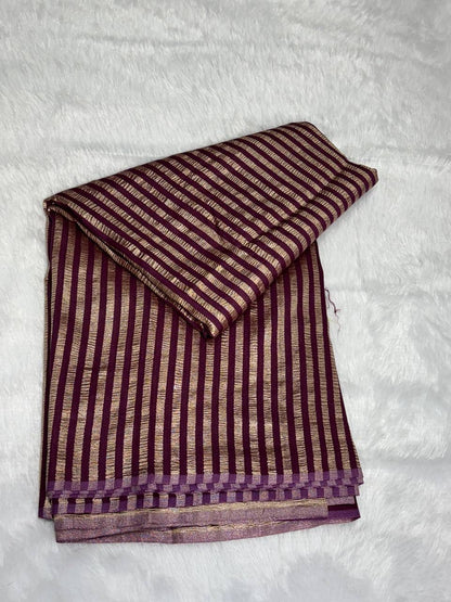 Regal Plum Munga Silk Saree with Rose-Gold Zari Stripes & Crushed Metallic Pallu