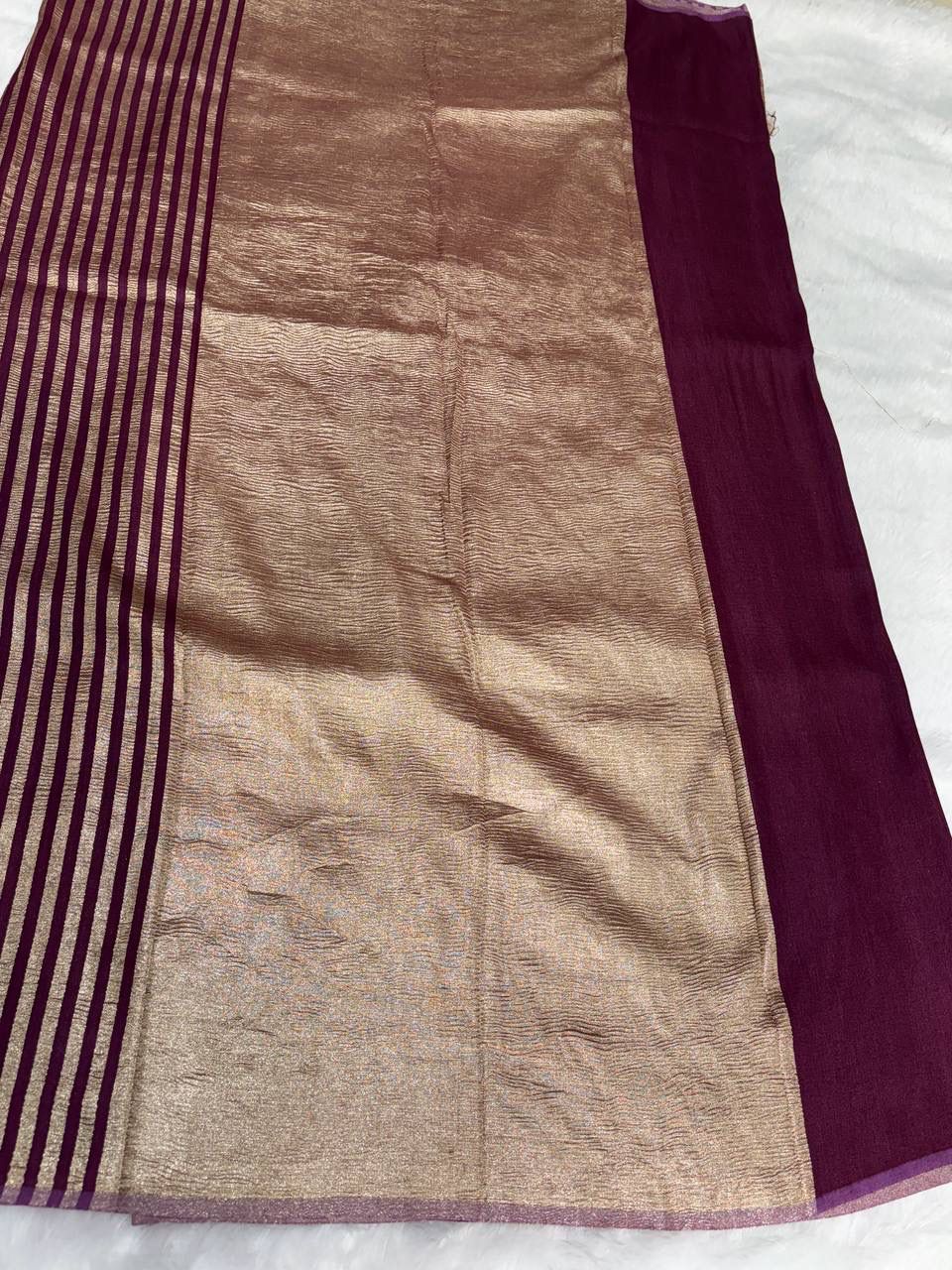 Regal Plum Munga Silk Saree with Rose-Gold Zari Stripes & Crushed Metallic Pallu