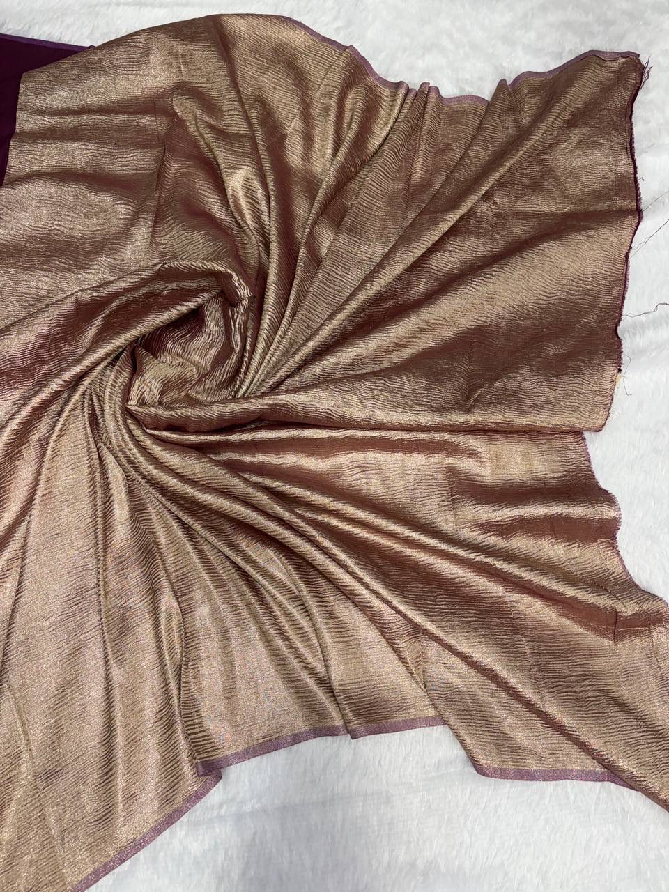 Regal Plum Munga Silk Saree with Rose-Gold Zari Stripes & Crushed Metallic Pallu